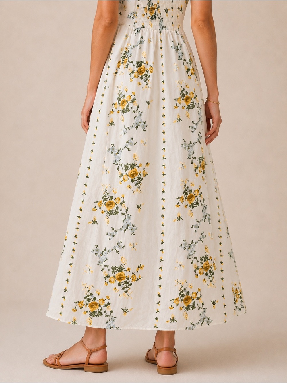 Caroline Constas Floral Boho Maxi Dress Ivory Yellow Cottagecore Smocked Bodice - Picture 7 of 15